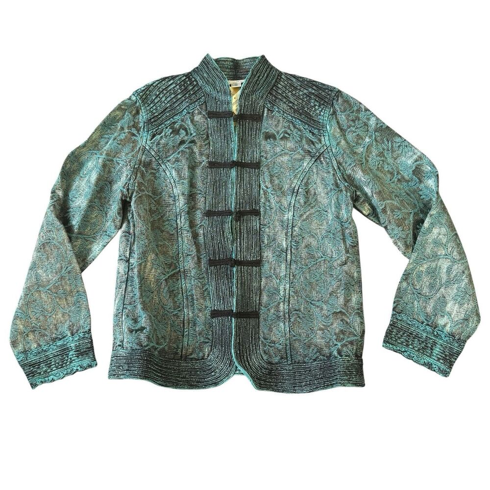 Coldwater Creek Jacket Women's Size M Jacquard Artisan Evening Blue Teal Black